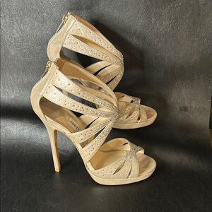 Jimmy Choo Champagne and Rhinestone Strappy Sandal Heels